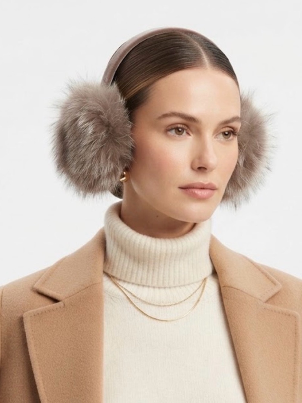 Luxury Real Fox Fur Earmuffs Taupe Silver Frost Winter Warm